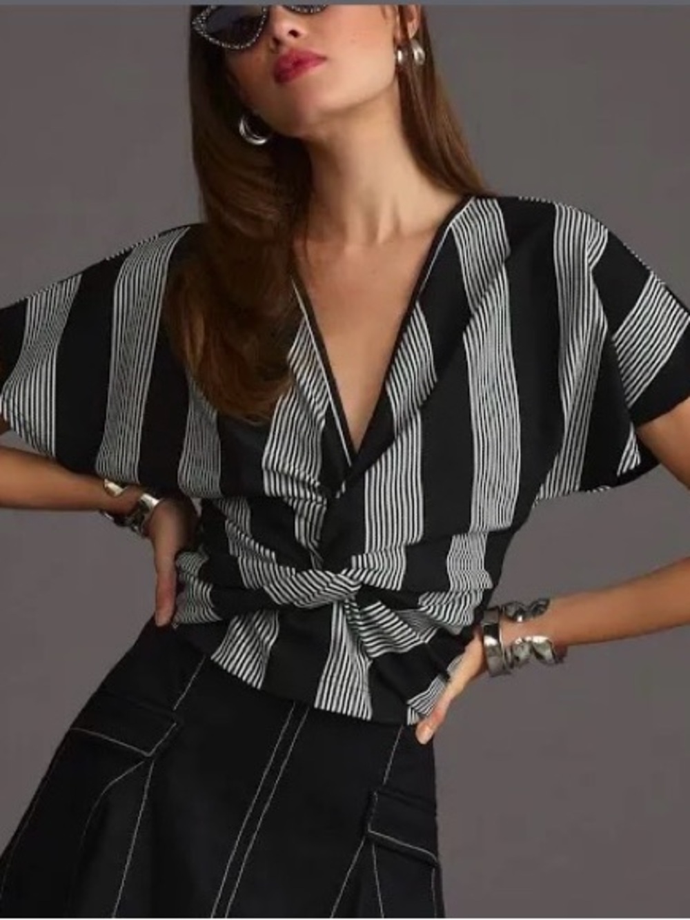 bishop + young Black & White Striped V-Neck Knot Blouse